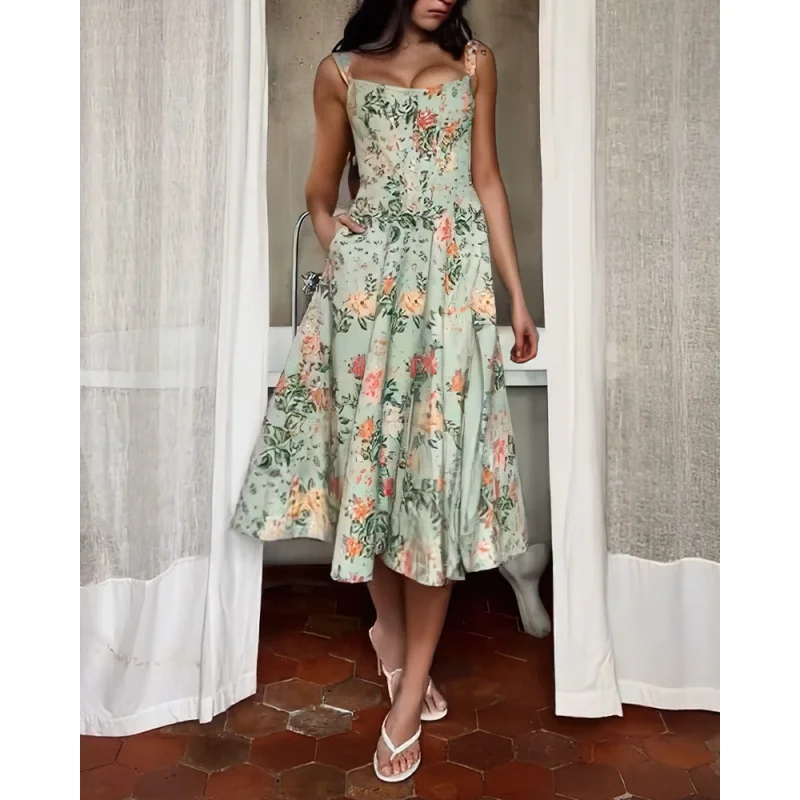 Verão novo elegante cintura-concha emagrecimento vestido longo floral cinta vestido feminino