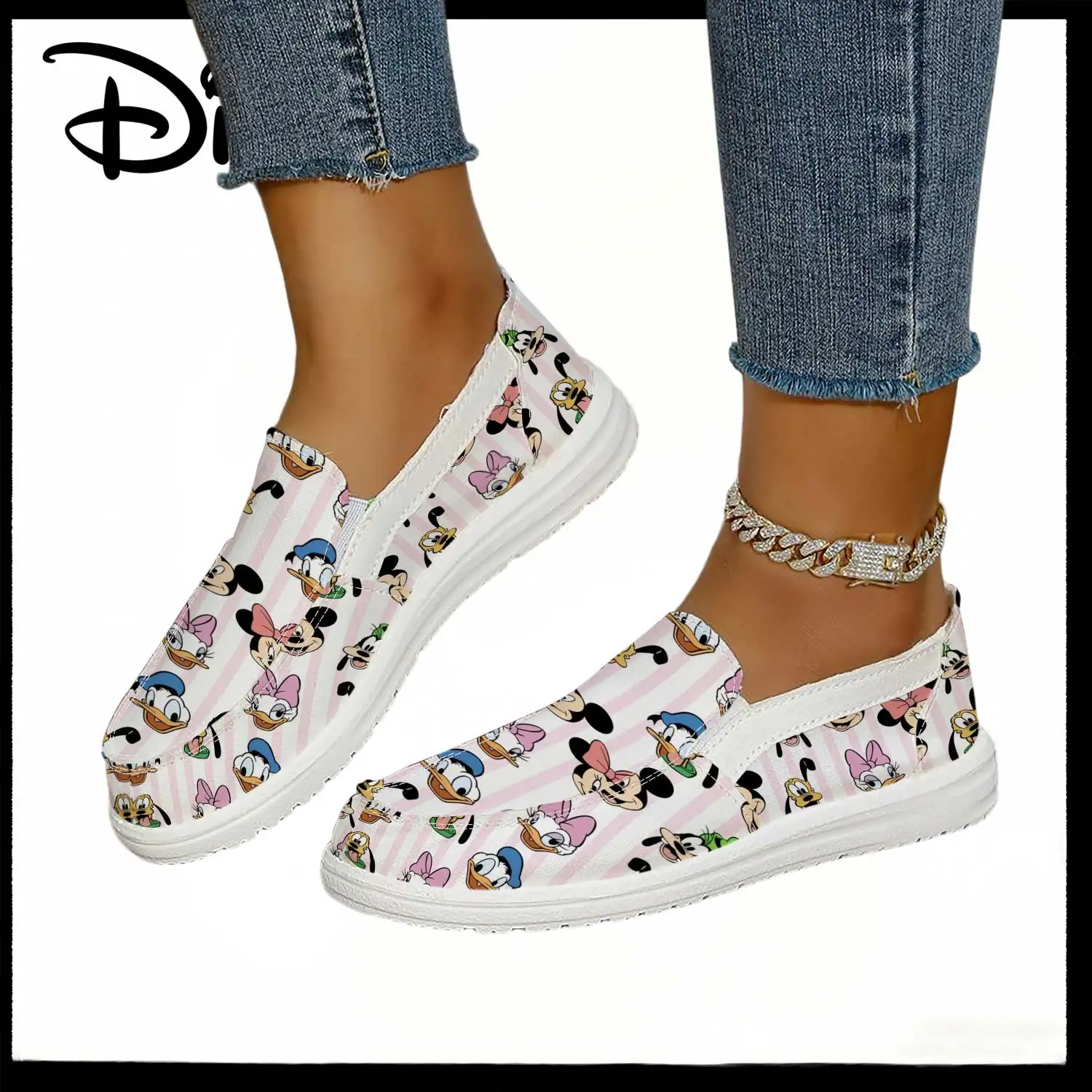 

Disney Mickey & Friends Pink Stripe Print Slip-On Sneakers – Comfortable Casual Shoes for Women