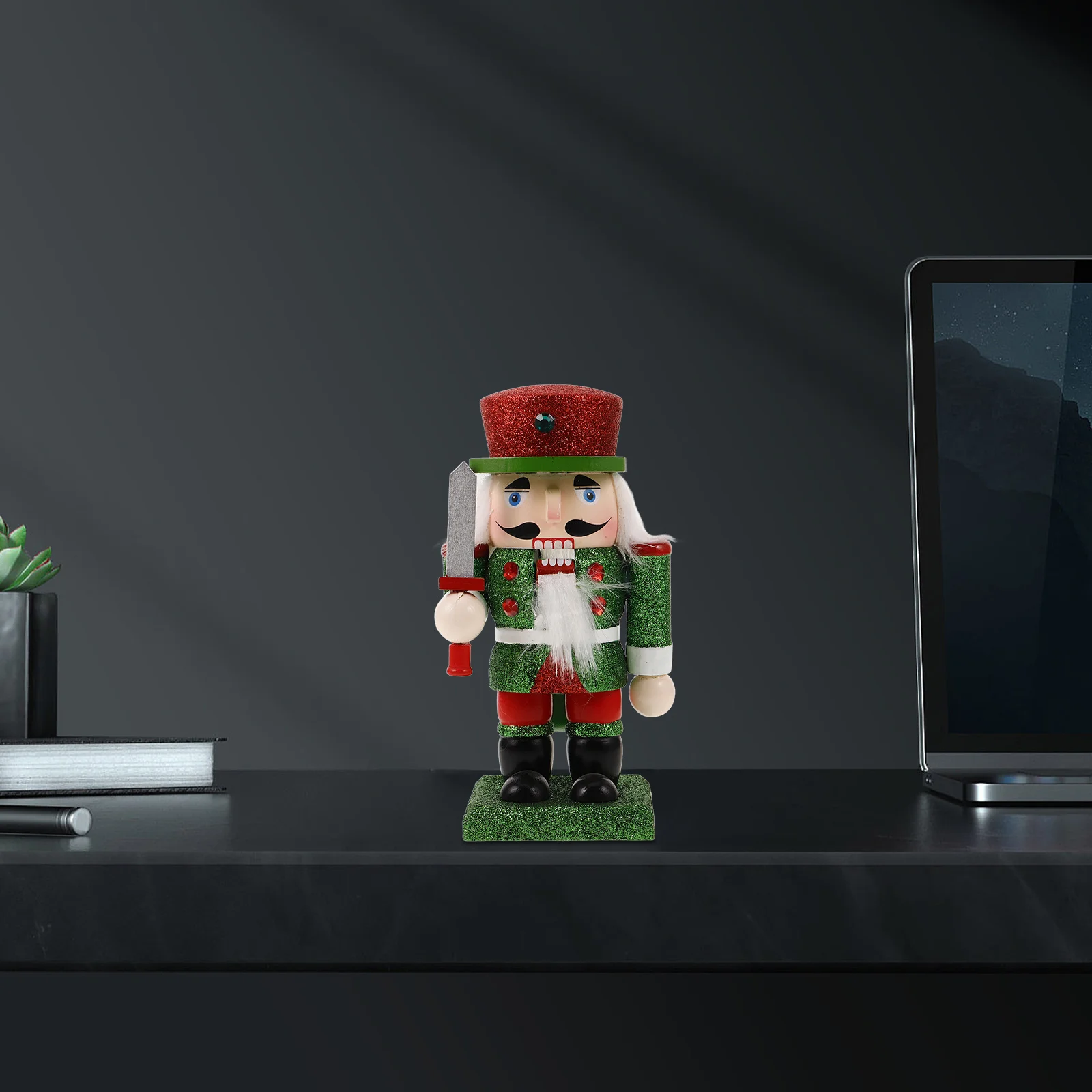 

Elegant Wooden Nutcracker Soldier Christmas Decoration Glitter Accents Festive Holiday Tabletop Decor Traditional Xmas Ornament