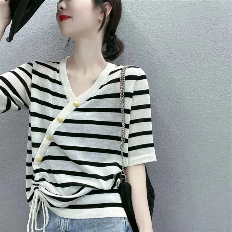 

New Summer V-neck Slant Button Drawstring Short Sleeve Women's Striped Color-blocked Ice Silk Knitted Sweater T-shirt Top
