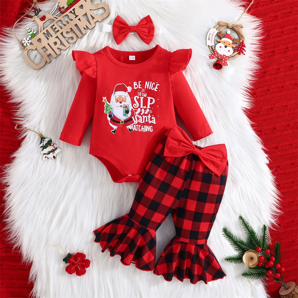 

My First Christmas Baby Clothes Fashion Santa Claus Costume Long Sleeve Top Bell Bottom Pants Baby Clothes 1 to 3 Years
