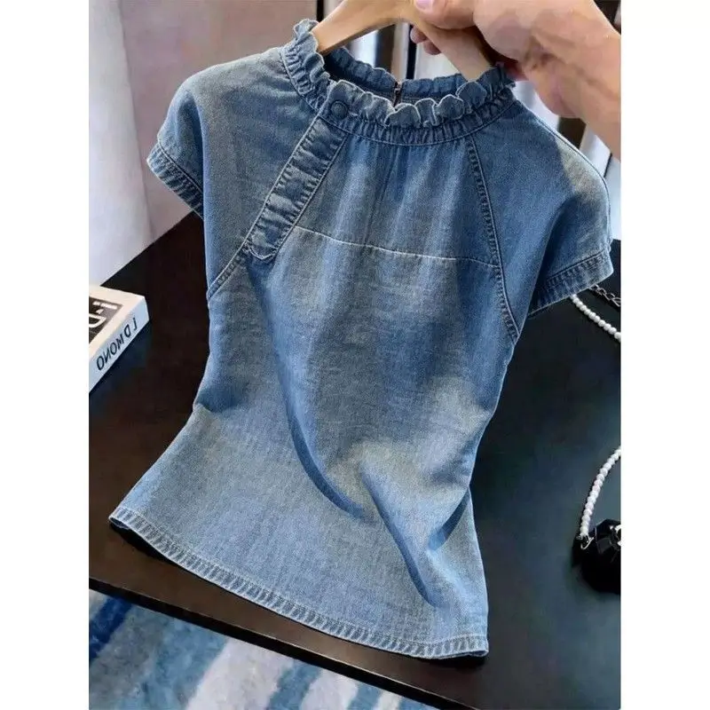 Retro Washed Denim Short Sleeved Top Women's Summer Wood Ear Design Niche Slim Fit And Slimming Short T-shirt