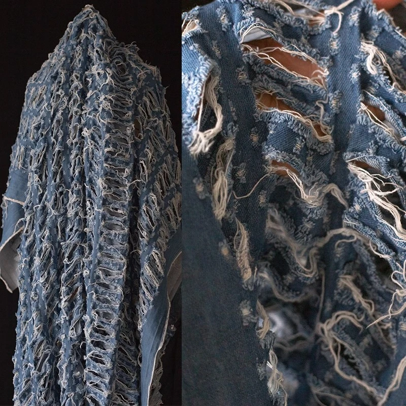 Blue White Distressed Denim Fabric with Hole Embroidery Creative Jacquard Lace Up Fringe Recycled Bohemian Textile