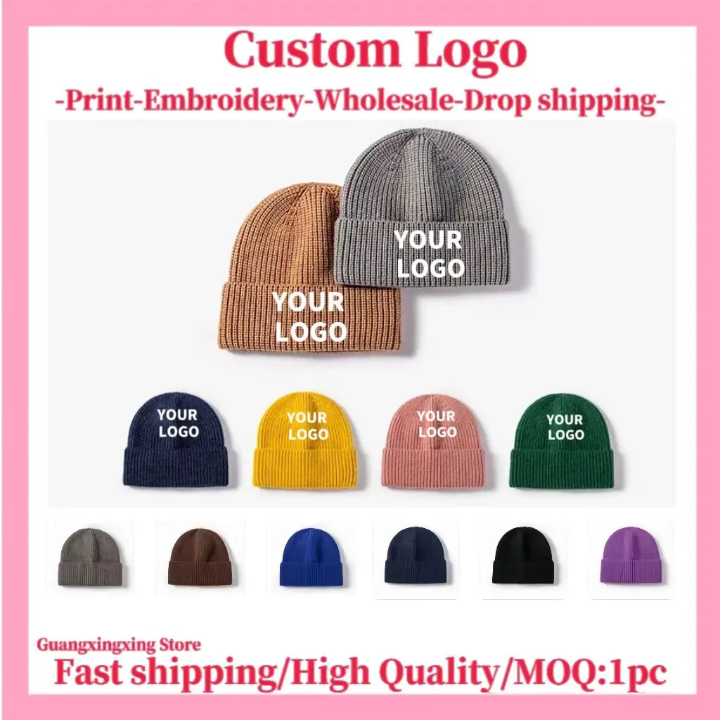 قبعة مخصصة تصميم التطريز شعار الرجال والنساء برميل قبعة الشتاء الدافئ محبوك كم قبعة بالجملة