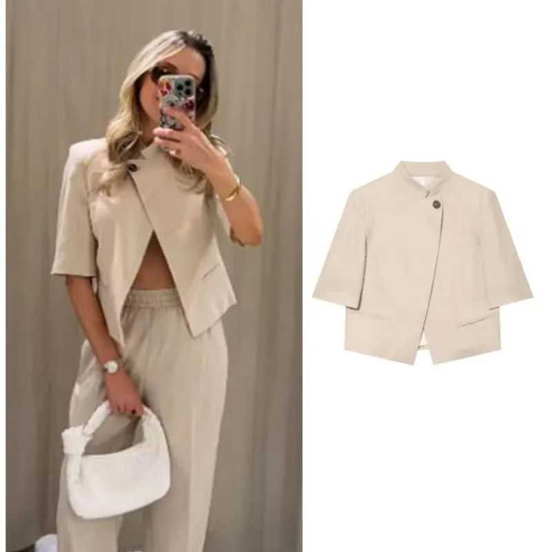 Women's Linen Short Blazer New 2026 Spring Summer High-Neck Short Sleeve with Shoulder Pads Simple Women Coat Female Chic Tops