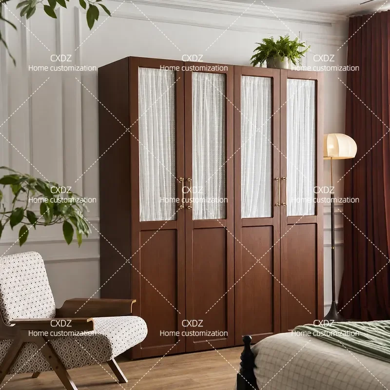 Retro Solid Wood Wardrobe with Glass Doors and Gauze Curtain Antique Bedroom Storage Cabinet Locker for Home Organization