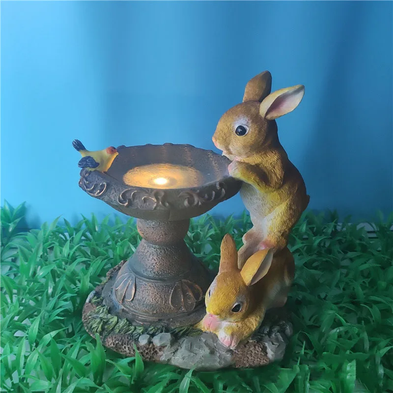 Solar Rabbit Sculpture Led Light Resin Double Rabbit Drinking Water Lamp Outdoor Courtyard Garden Animal Figurine Decoration