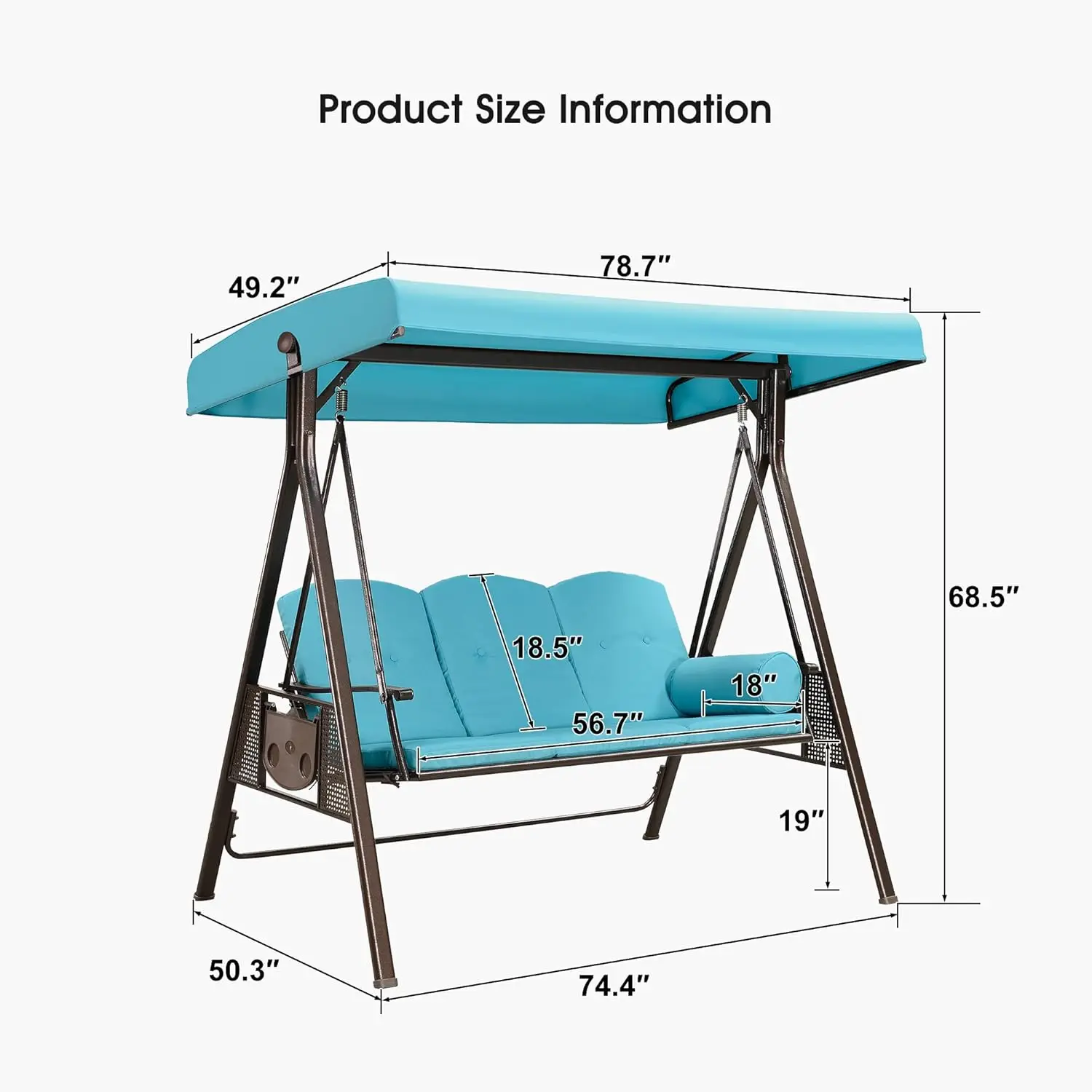 3 Seat Deluxe Outdoor Patio Porch Swing with Weather Resistant Steel Frame Adjustable Tilt Canopy Cushions and Pillow Included