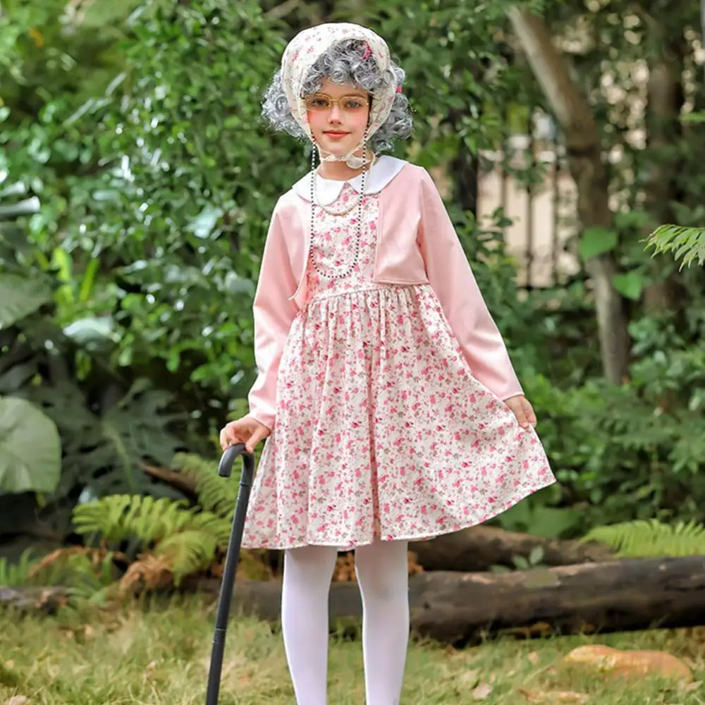 Robe de grand-mère pour filles, ensemble de Cosplay de 100 jours d'école, Costume de 100 jours d'école avec canne à perruque et autres accessoires pour filles