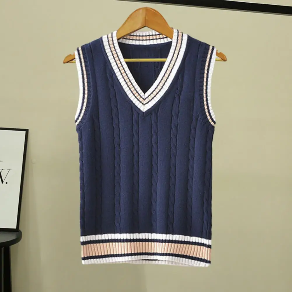 

Sweater Vest Men Thicken V-neck Sleeveless Knitted Sweaters Vests Striped Retro Preppy-style Simple Chic Loose Casual All-match