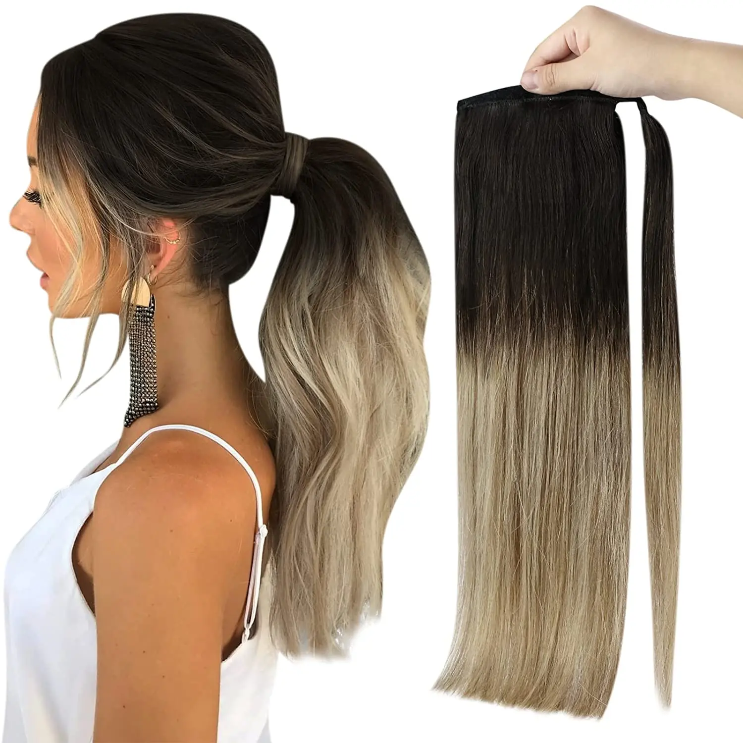 Realbeauty grampo em extensões de cabelo rabo de cavalo brasileiro em linha reta real envoltório do cabelo humano em torno de rabo de cavalo peças