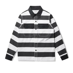 Mens Dense Canva Jacket Black White Striped Casual Heavyweight Motocycle Windbreaker Male Outerwear Bomber Coats