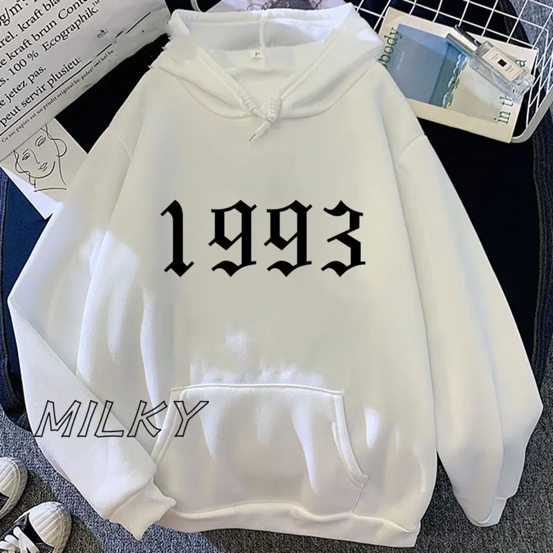 

1993 Letter Print Hoodies Sweater Women's Fleece Hoody Creativity Pullover Clothing Long-sleeved Korean Style Loose Hooded Top