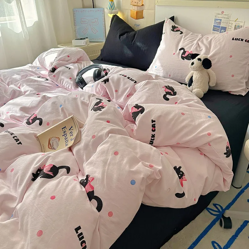 

Princess Style Pink Duvet Cover Black Cat Sweet Cool Comforter Bedding Sheets Set 4pcs Water Washed Cotton Home Decor Bed Linen