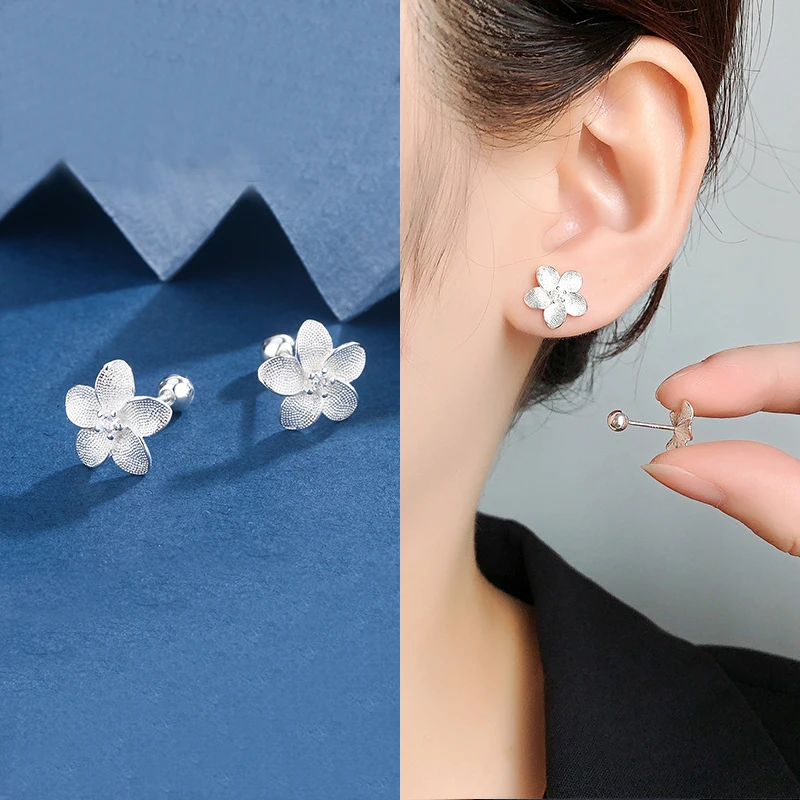 New Creative Silver Color Gardenia Flower Piercing Screw Ball Stud Earrings For Women Girls Charm Party Jewelry Accessories Gift