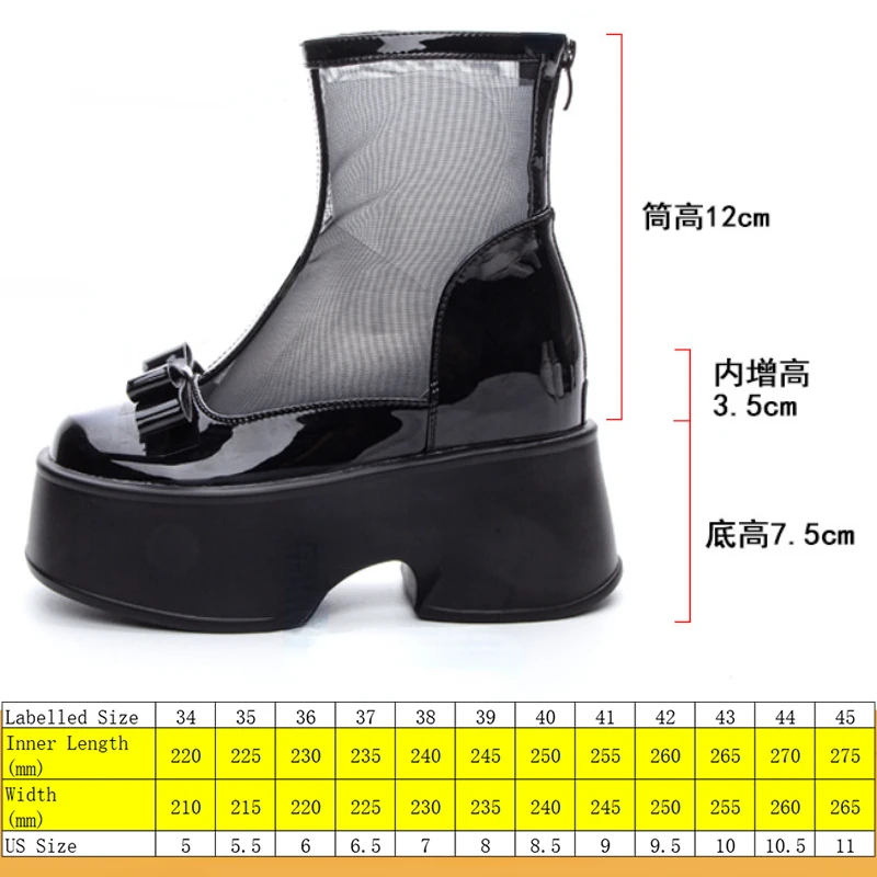 Fujin 11cm Air Mesh Breathable Motorcycle Ankle Boots Summer Ladies Hollow ZIP Boots Woman Fashion Patent Leather Shoes Sandals