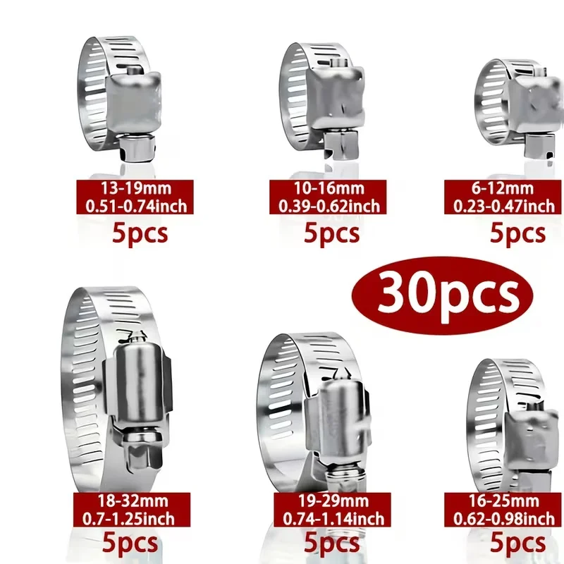 30pcs Adjustable Stainless Steel Hose Clamp Assortment, 1/4
