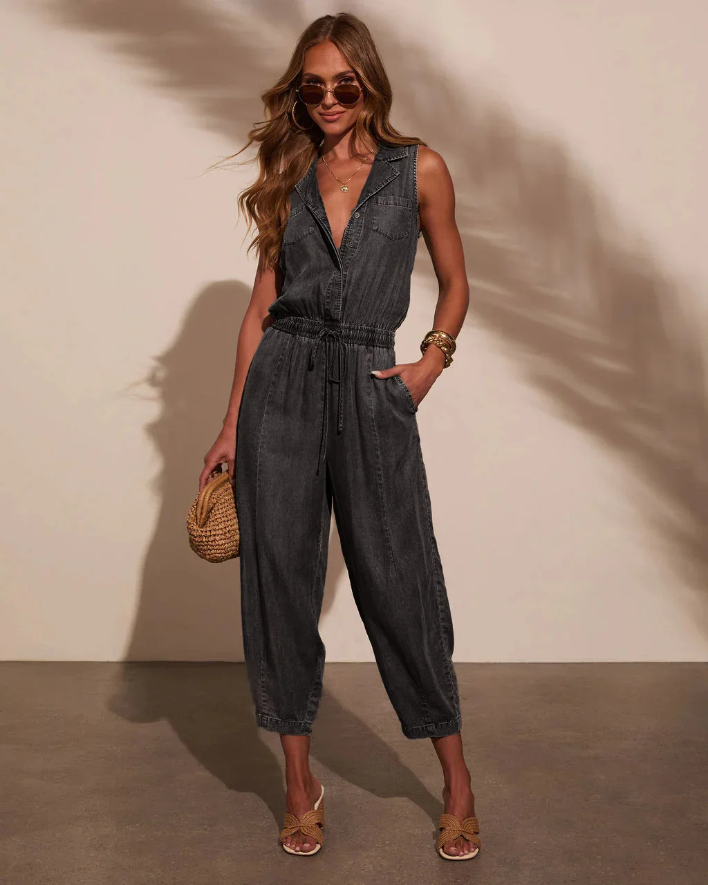 Summer Casual Washed Denim Jumpsuits Women Solid Color Lapel Leace-up Elastic Waist Sleeveless Cowboy Jumpsuit Commuting Outfits