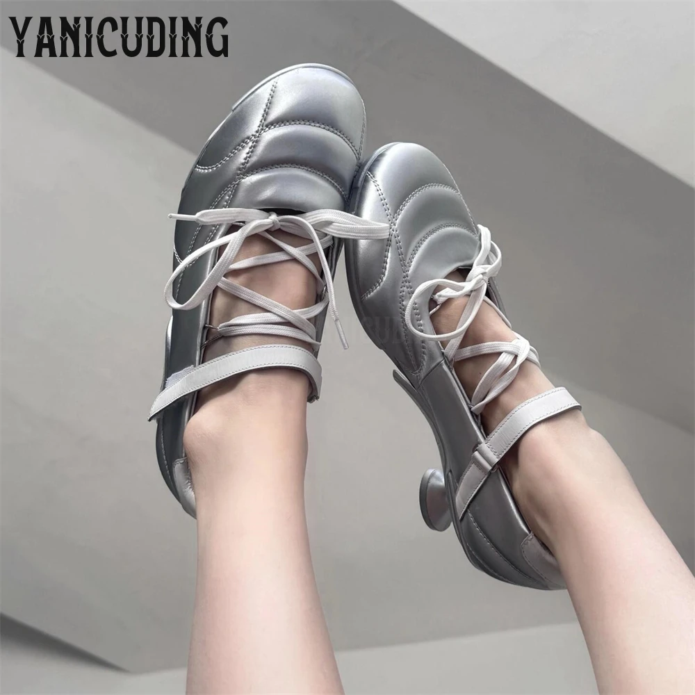 

Strange Heel Sporty Ballet Shoes Elastic Strappy Comfortable Leather Shoes Women's Round Toe Stiletto Leather High Heeled Shoes