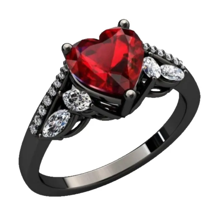 Conjunto de moda en forma de corazón rojo con cristal brillante, anillo de amor de circonio, pistola, joyería de fiesta negra para mujer