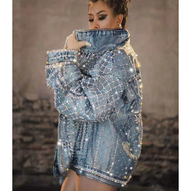 Sparkly Rhinestones Beads Loose Jacket Outfit Fashion Design Dancer Dj Singer Stage Wear Nightclub Coat Performance Costume