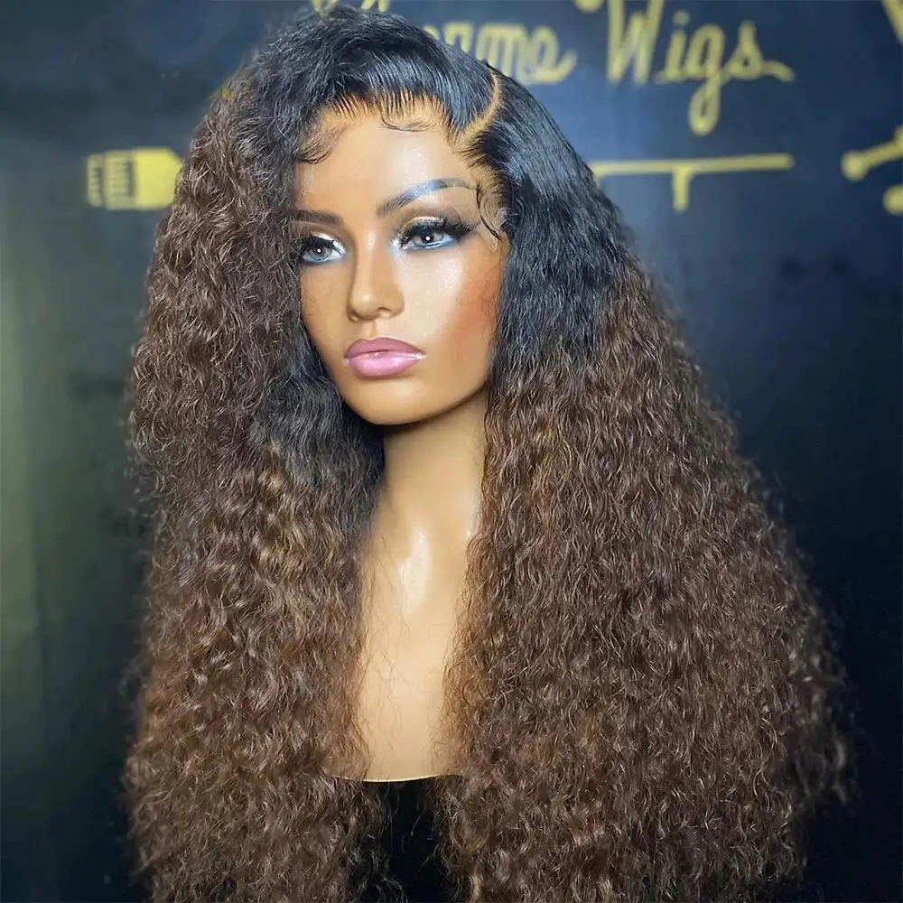 

Soft 180Density Long 26“ Ombr Brown Kinky Curly Lace Front Wig For Black Women BabyHair Heat Resistant Glueless Prepluck Daily