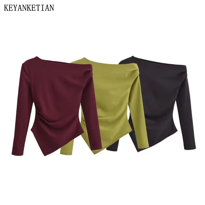 KEYANKETIAN New Women's Solid color Sloping Neck Top Spring/Autumn Asymmetrical Pleats Slim Long Sleeve T Shirt Pullover Tees