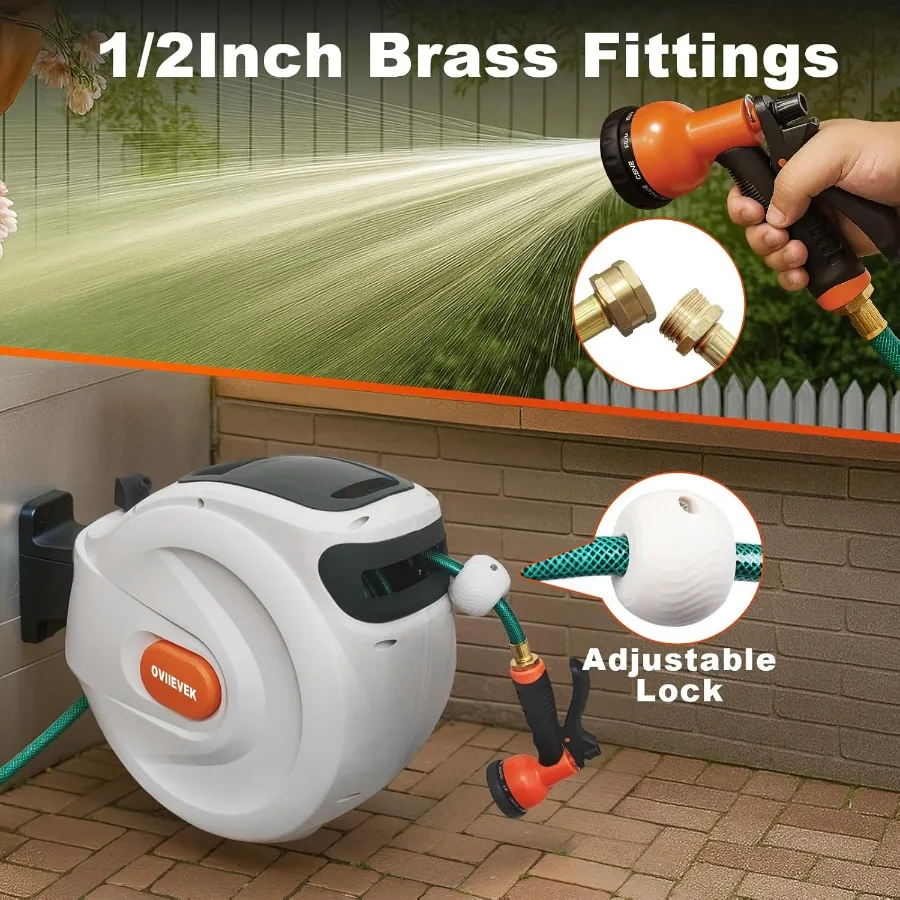 Carrete de manguera de jardín retráctil, manguera montada en la pared de 1, 2 pulgadas x 100 pies para uso en patio y jardín al aire libre, soporte giratorio 180 con Bu