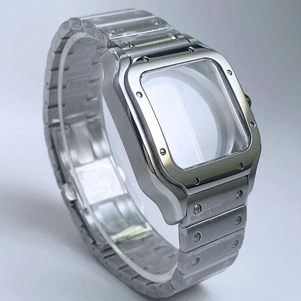 38mm silver square case stainless steel watch accessory Santos modified parts NH35 NH36 movement compatible with 27MM dial