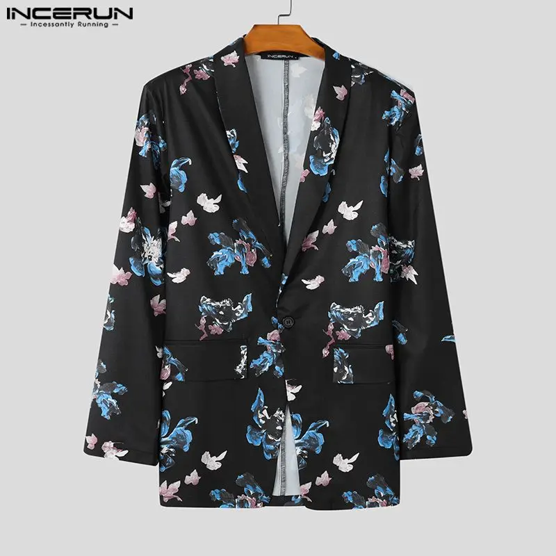 INCEURN Men Casual Blazer Notch Collar Long Sleeve One Button Vintage Floral Printed Party Clubwear Suit Autumn Outwear Jacket