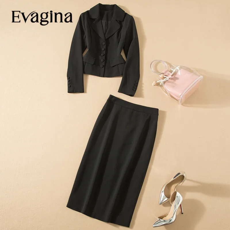 

Evagina New Fashion Runway Designer Women's V-Neck Single Row Long Sleeved Suit Jacket Top+Mid Length Skirt Set 2-Piece Set