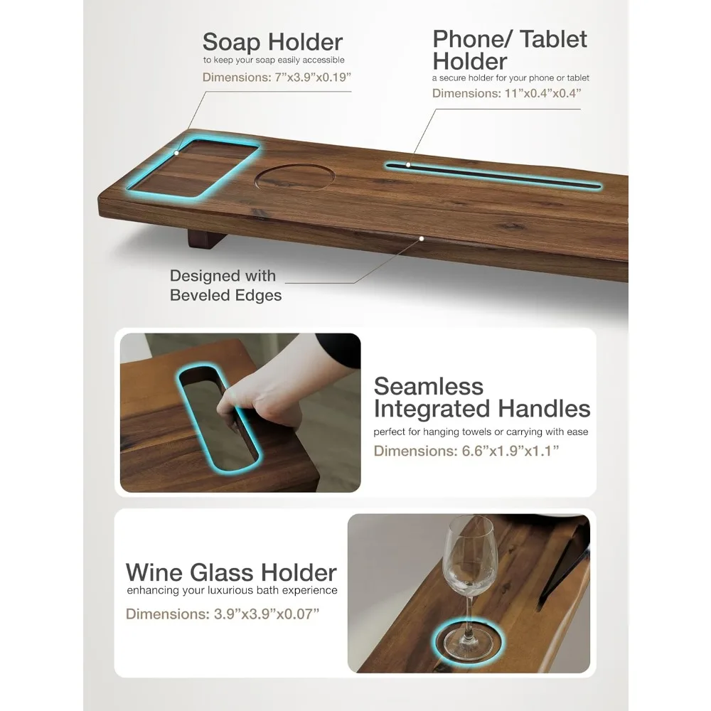 صينية حوض استحمام خشبية قابلة للتعديل مع حاملات للهاتف وزجاج النبيذ - علبة سبا مقاس 39 × 9.75 بوصة لأحواض قائمة بذاتها #3