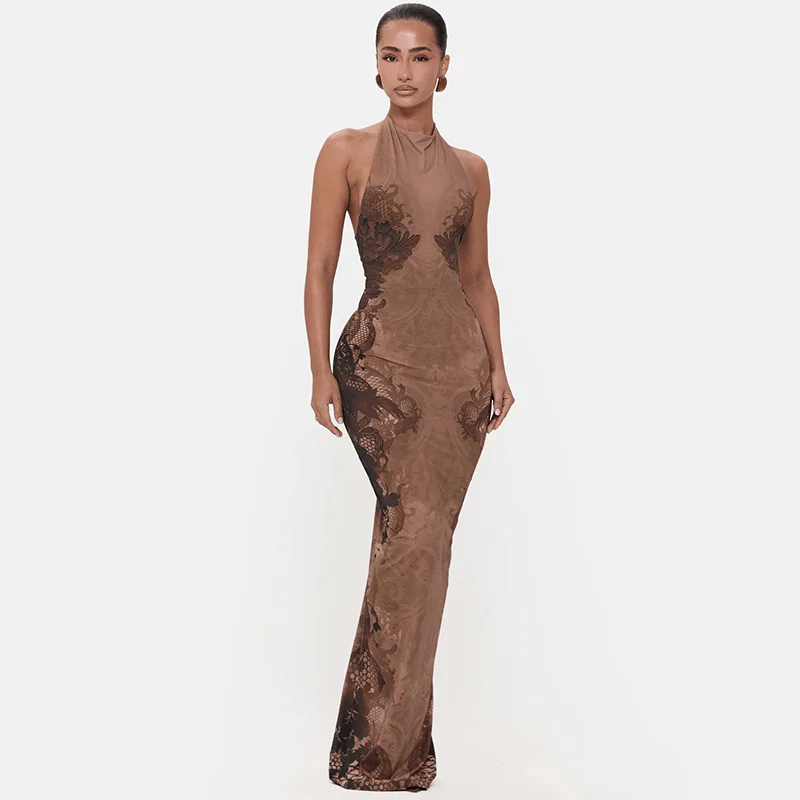 

SKMY 2026 Spring New Women's Fashion Style Slimming Sexy Halter Neck Open Back Printed Dress Sleeveless Party Long Dresses