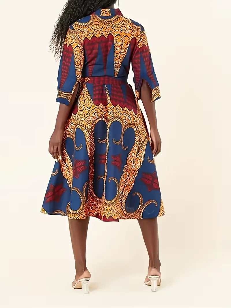 Sukienka damska w kwiatowy wzór, tradycyjna sukienka imprezowa zapinana na guziki z rękawem trzy czwarte.