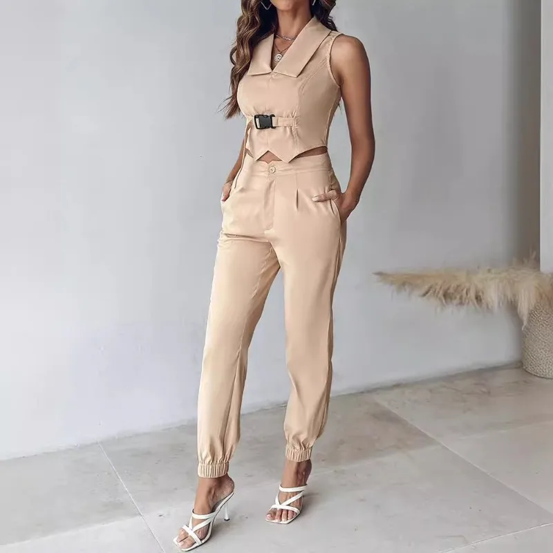 2024 Spring Summer New Women's Clothing Solid Color Polo Collar Sleeveless Short Vest Pants Suit