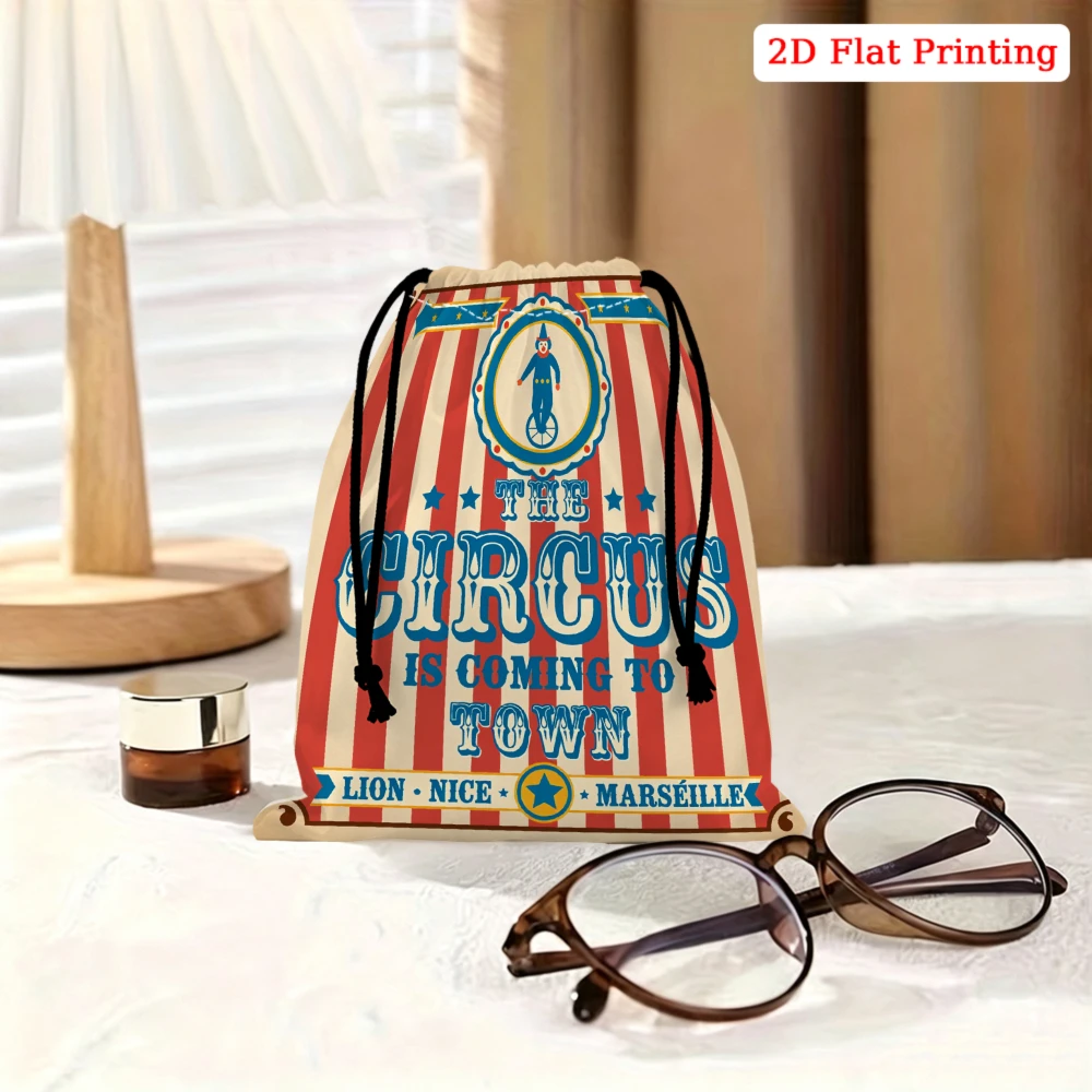 1Pc Vintage Circus Theme Drawstring Bag Red White Blue The Circus Is Coming To Town Print Storage Small pouch For Travel Cosmeti