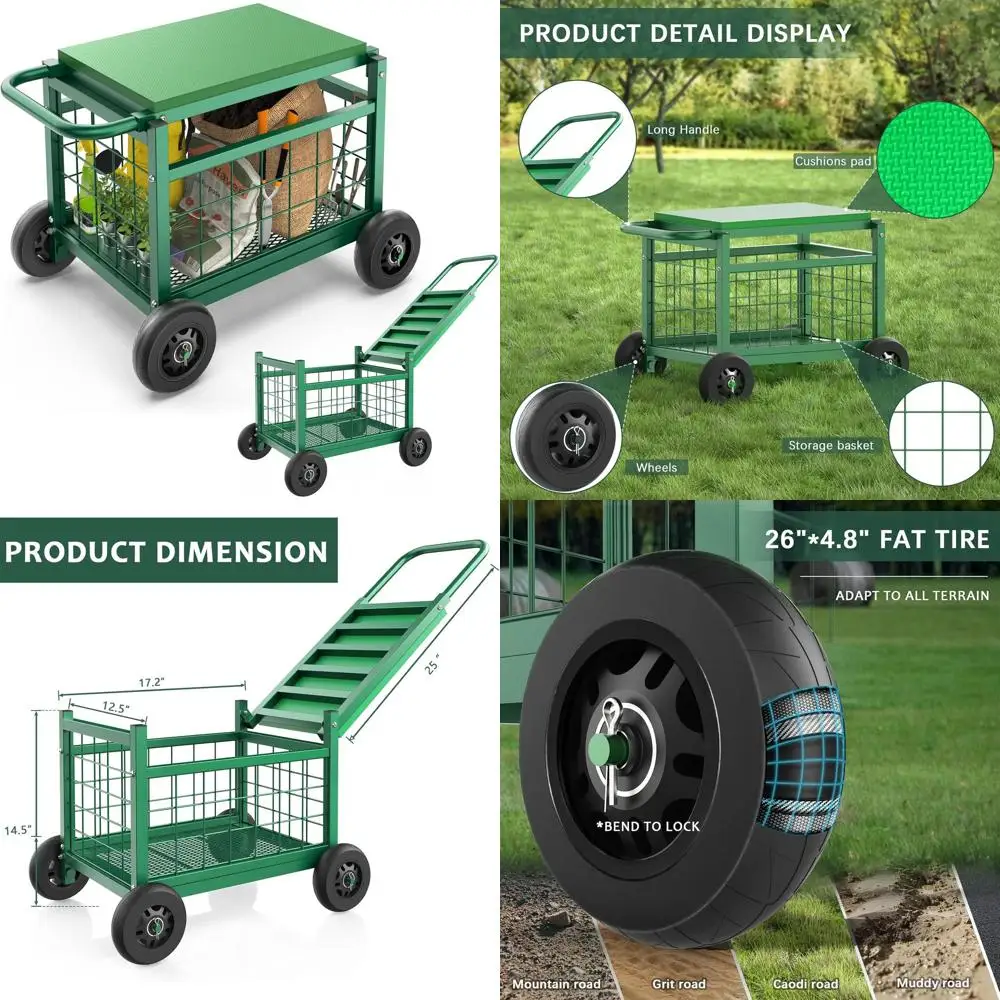 

Heavy-Duty Garden Cart with Seat and Wheels for Lawn and Backyard Gardening, Green