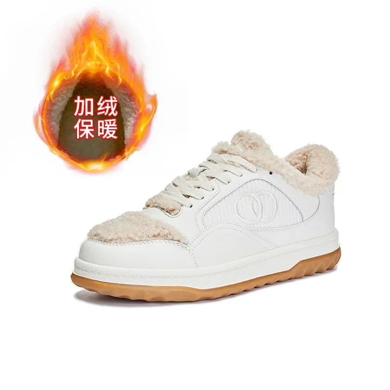 Leren Kleine Witte Schoenen Dames Sneaker Winter Nieuwe Warme Pluizige Veelzijdige Sport Dikke Basisplaat Casual Ins Mode