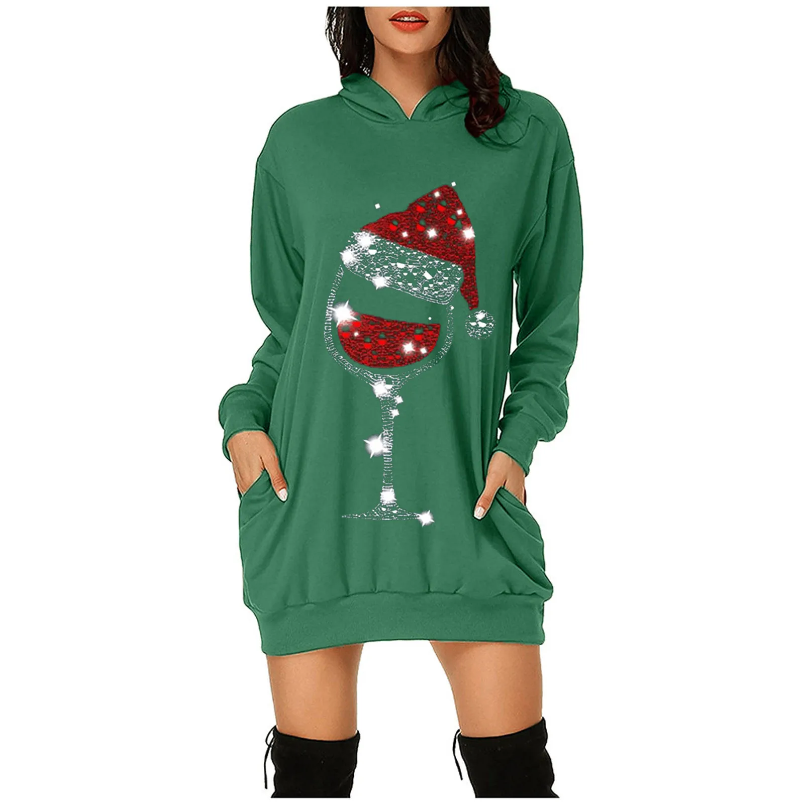 Fun Wine Glass Printed Christmas Mini Dress Women Loose Casual Hooded Dresses Long Sleeved Autumn Hip Wrapped Pocket Dress