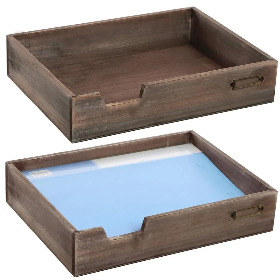 

Distressed Vintage Wood Stackable Letter Tray Set of 2 Brown Desktop Document Paper Storage for Office