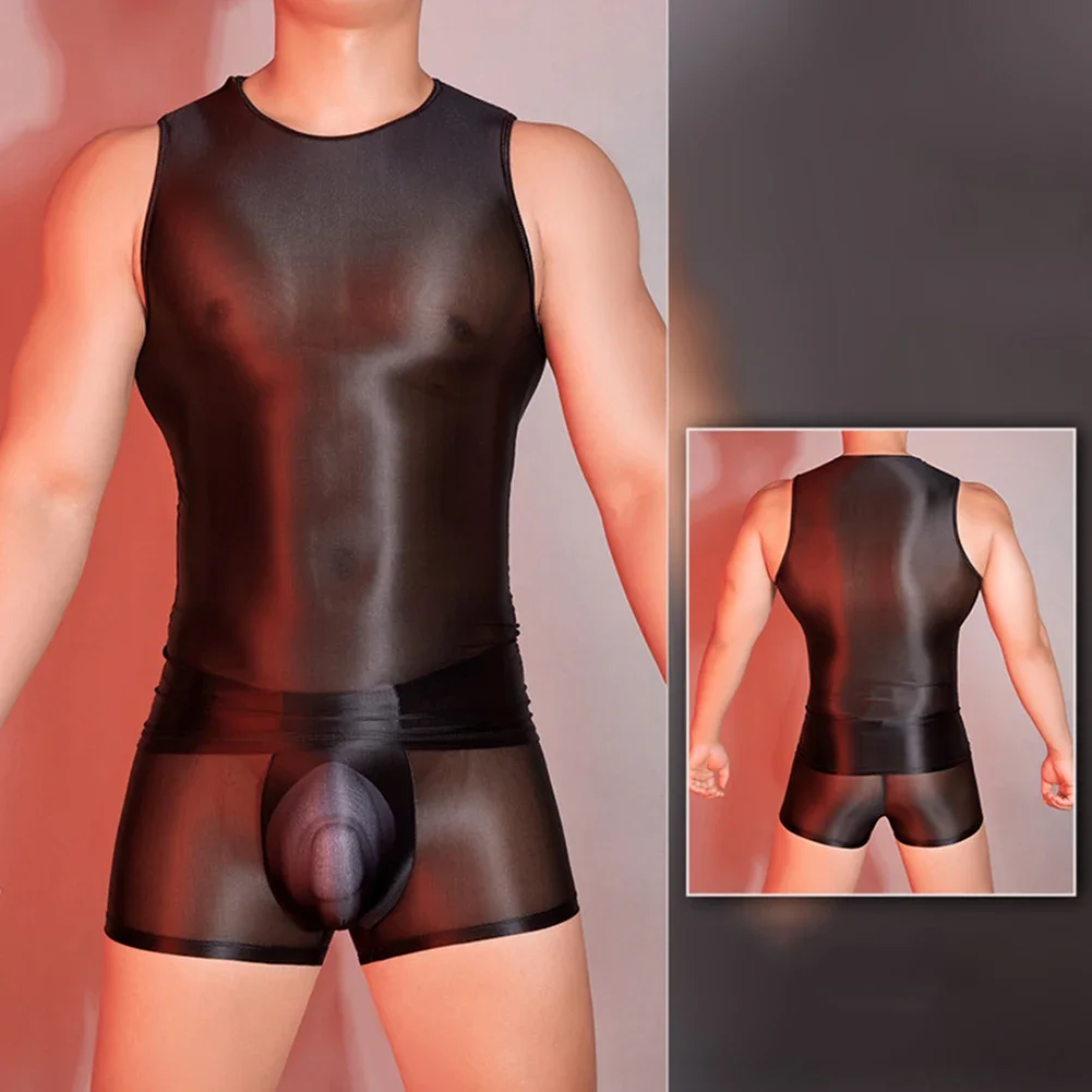 Top Sexy Glossy dos homens, Ultra-fino pura ver através do colete, Roupa Interior Respirável Elástica, Colete Esportivo Sólido, Pijamas Eróticos Sissy