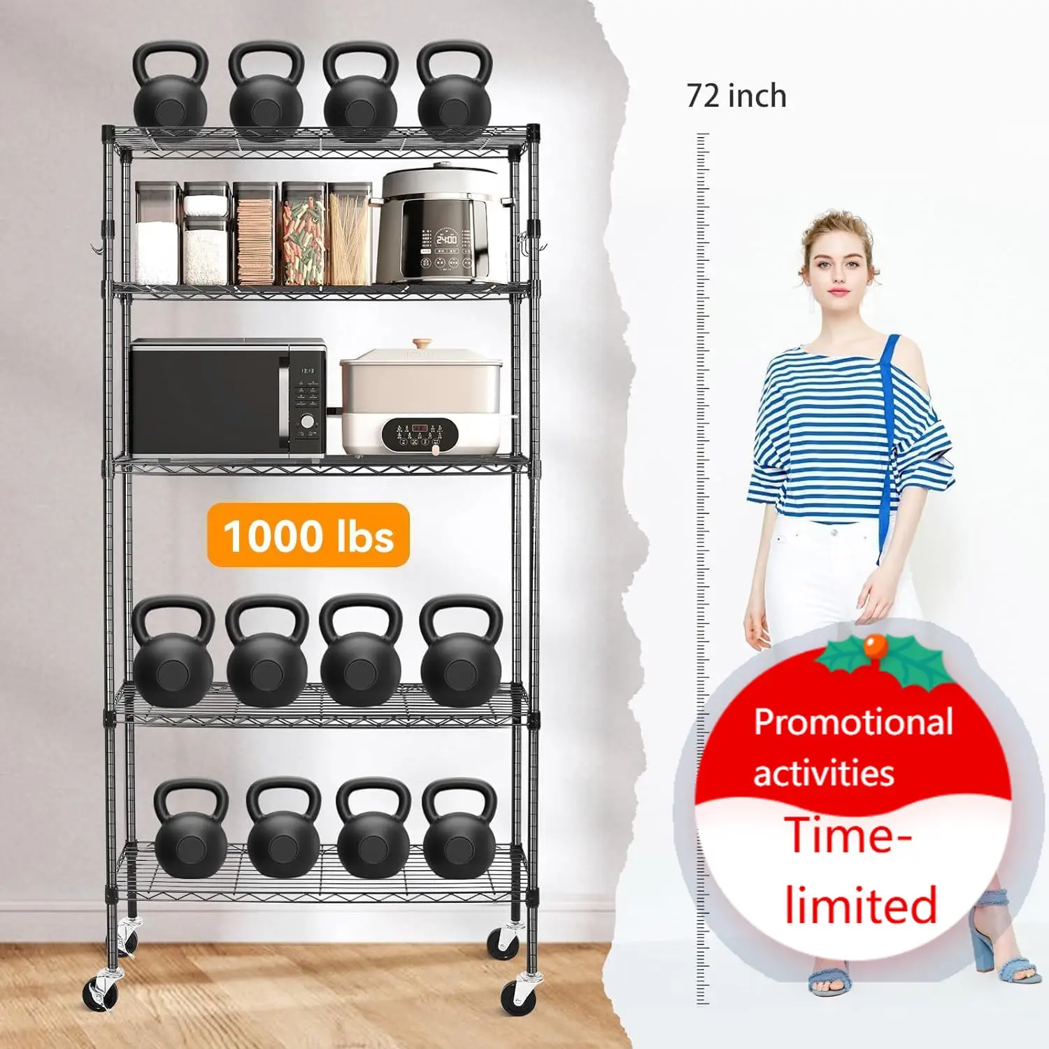 

Storage Shelves,1750Lbs 5 Tier Heavy Duty Metal Rolling Shelving Unit with Wheels & 8 Hooks, Adjustable Garage Wire Rack for Kit