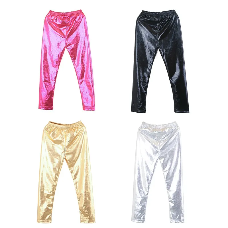 Kids Girl Fashion Party Clothes Glossy Metallic Elastic High Waist Dance Pants Hip Hop Trousers Streetwear Dancewear Sweatpant