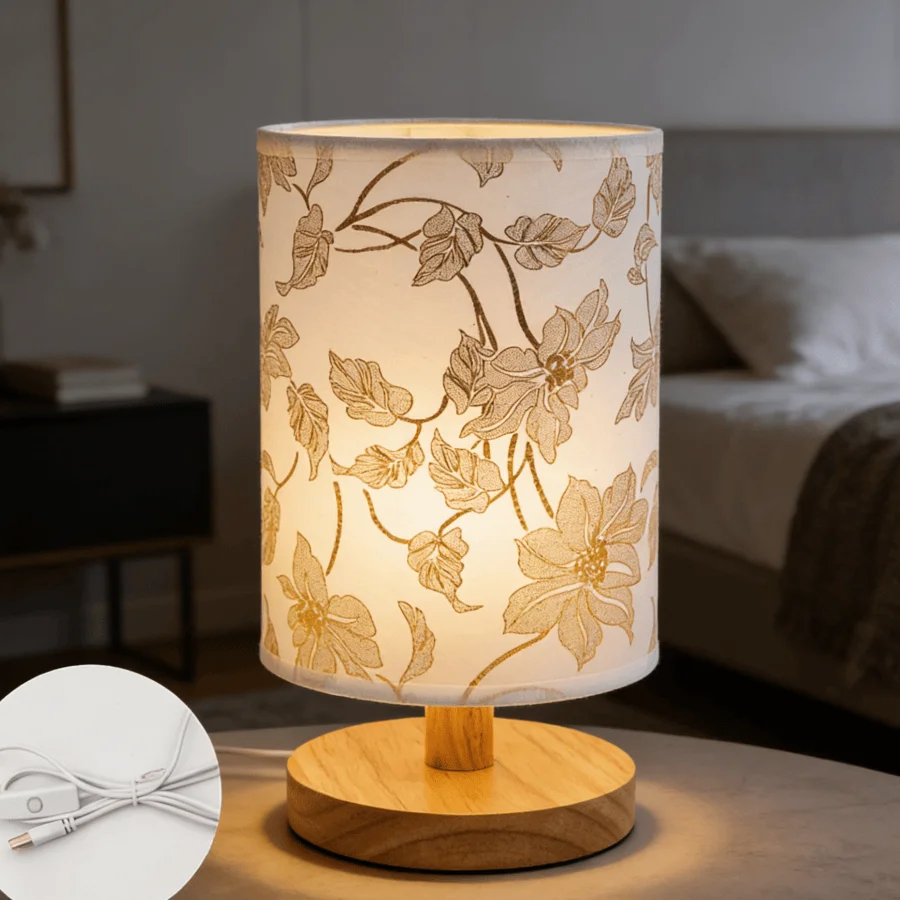 1PC Elegant White & Gold Floral Desk Lamp, Cylindrical Fabric Shade Night Light with Natural Wood Base