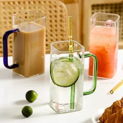 Square Glass Cup Milk Coffee Water Heat Resistant Handgrip Mug Party Breakfast Juice Beer Mugs Microwavable Safe Mug