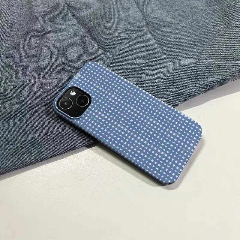 INS KOREAN Blue Grid Pattern Phone Case for IPhone 16E 15 14 13 Pro Max 12 Mini 11 Pro Plus Protection Ultra Thin Hard PC Cover