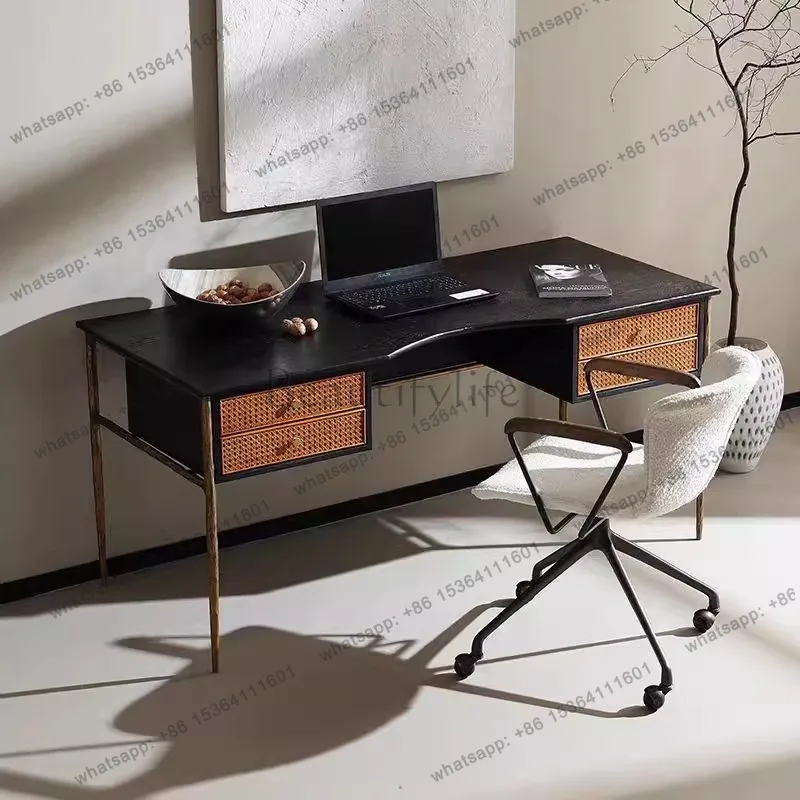 Medieval oak desk rattan writing desk study modern simple solid wood computer desk