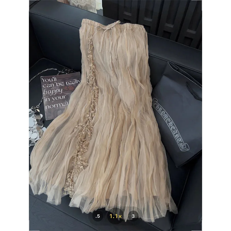 

Ele кружевная плиссированная юбка трапециевидной формы с кисточками, женская нежная юбка 20225, новая дрейфующая плиссированная юбка с высокой талией, свободная повседневная юбка