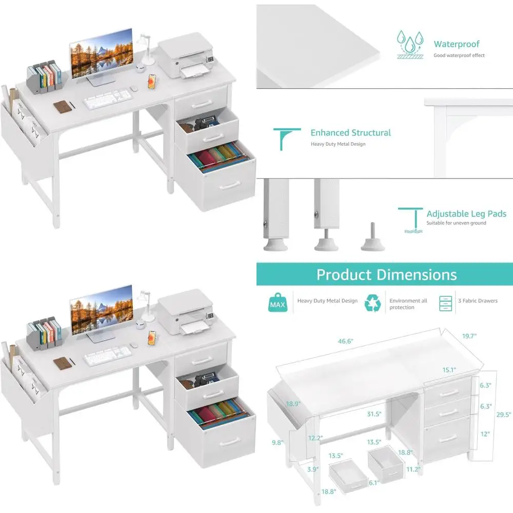 White Desk with Fabric File Drawers Cabinet, 47 Inch Reversible Computer Desk with Filing Cabinet for Bedroom Small Space Home O