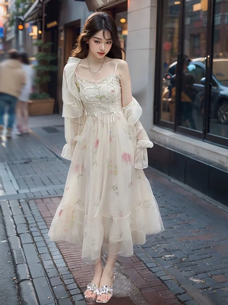 Ele Zomer Bloemenprint Chiffon Cover-up Dr Dames Zoete Sle Strap Lange Rok Set Fairy T Aosphere Lente Herfst